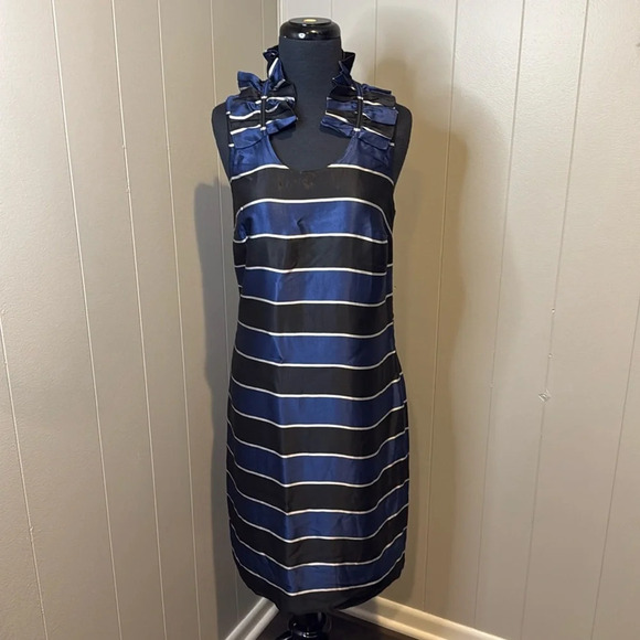 Banana Republic Women’s 4 Tall Ruffle Neckline Sleeveless Crewneck Stripes Dress - Picture 2 of 9